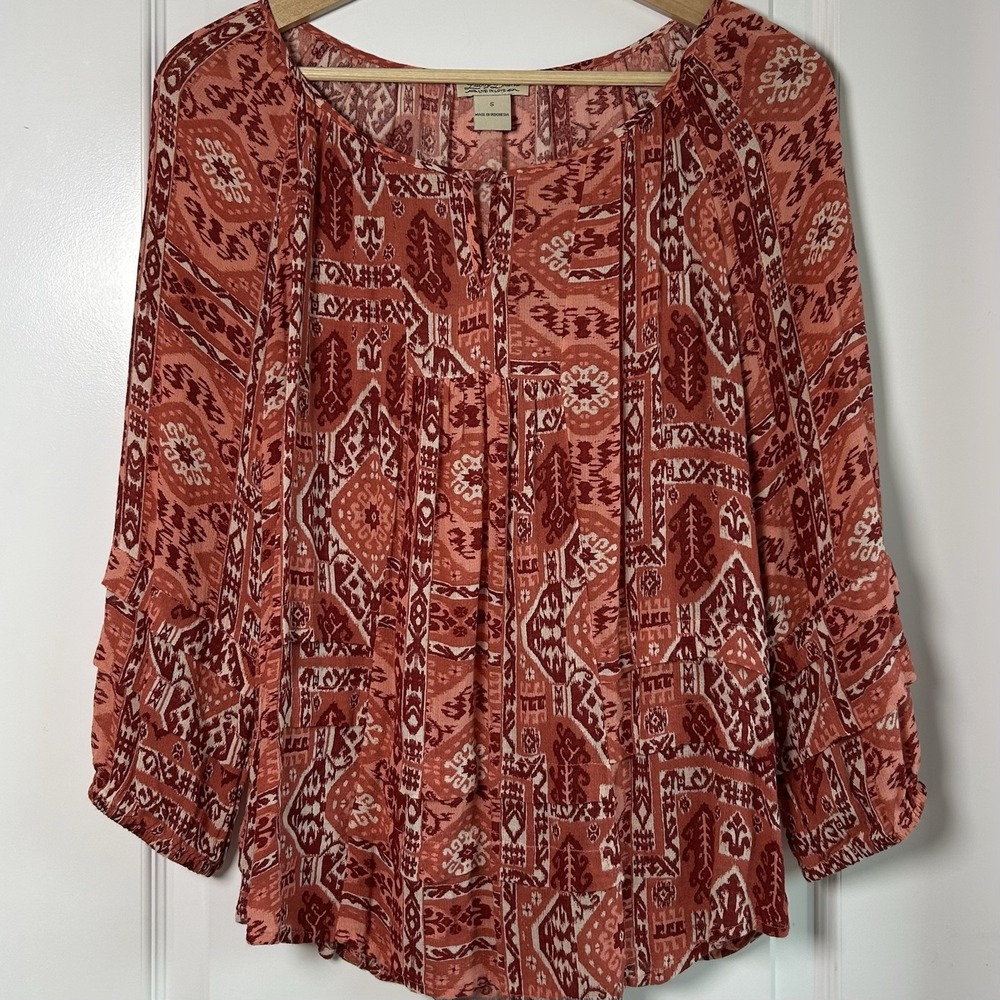 Lucky Brand Rust Ikat Tribal Print Peasant Blouse Boho Western Festival Style